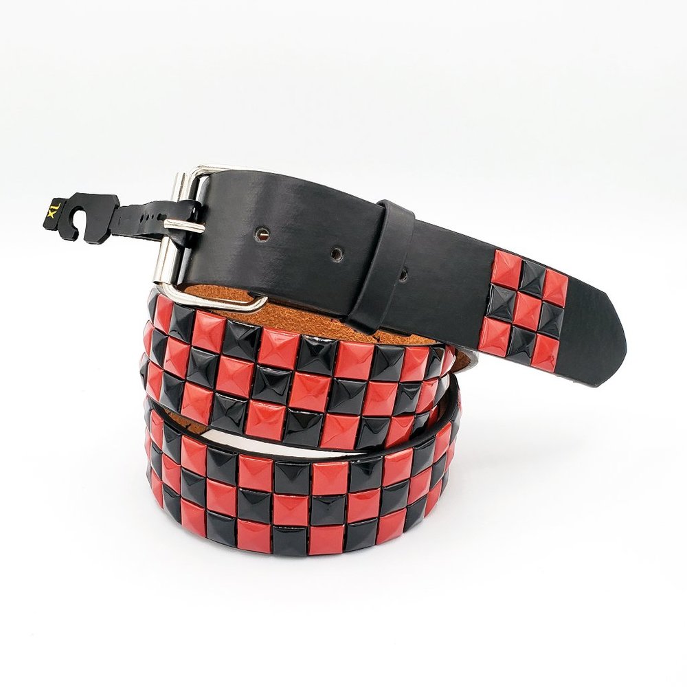 New Black and Red Studded Leather Belt Unisex 3-Rows Metal Pyramid Size Medium